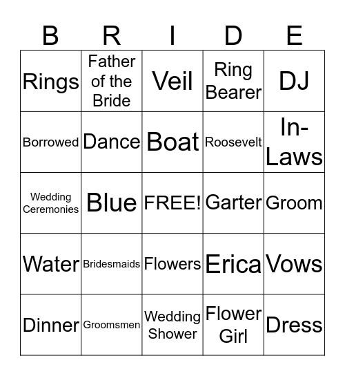 Erica's Wedding Shower Bingo Card