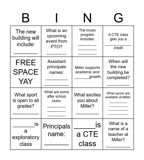 MILLER MIDDLE SCHOOL Bingo Card