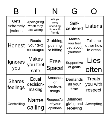 Healthy/Unhealthy Relationships Bingo Card