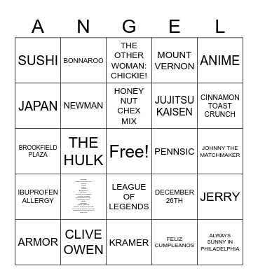 ANGEL'S BIRTHDAY BINGO Card
