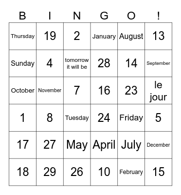 Le calendrier Bingo Card