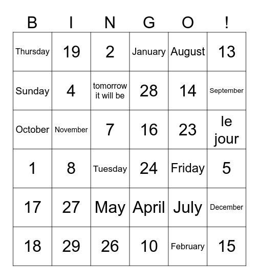 Le calendrier Bingo Card