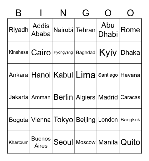 World Capitals Bingo Card