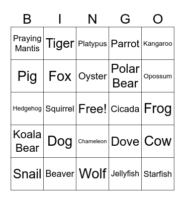 Animal Bingo Card