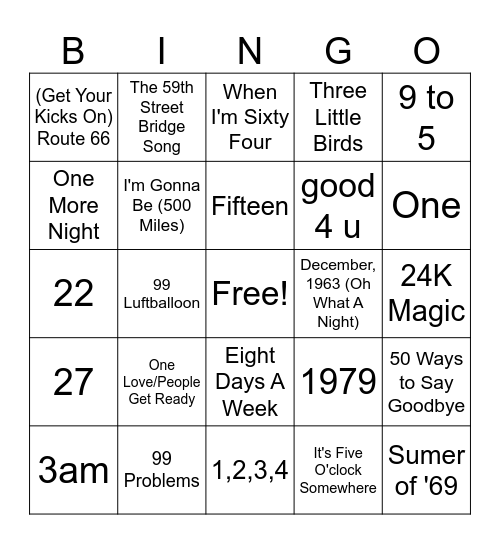 Songs w/#'s in Title Bingo Card