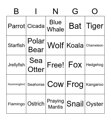 Animal Bingo Card