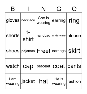 French - Clothing (2024) Bingo Card