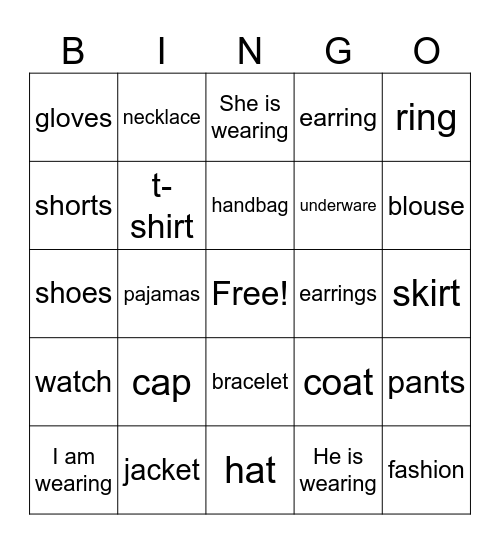 French - Clothing (2024) Bingo Card