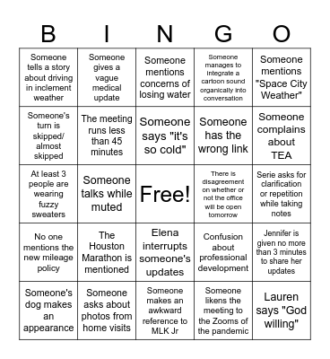 January Team Meeting Bingo Card