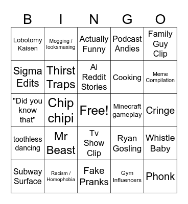 The Youtube Short Bingo Card