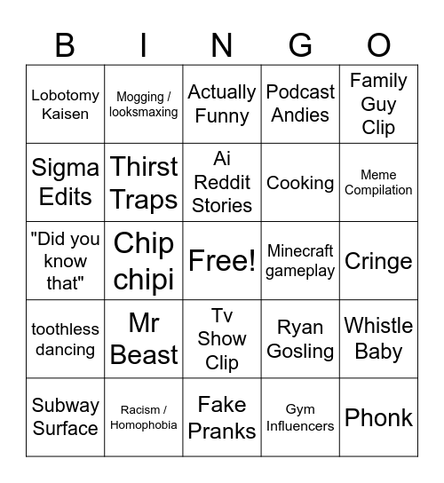 The Youtube Short Bingo Card