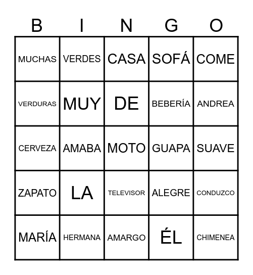 CLASES DE PALABRAS Bingo Card