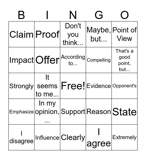 Argument and Opinion Bingo Card