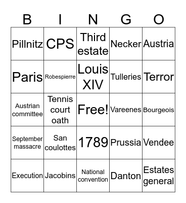 French revolution Bingo Card