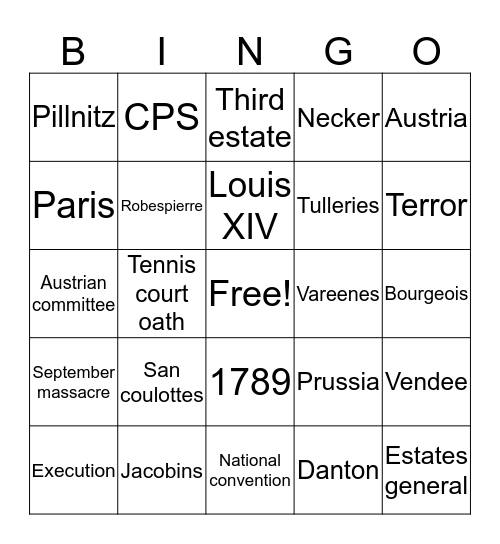 French revolution Bingo Card