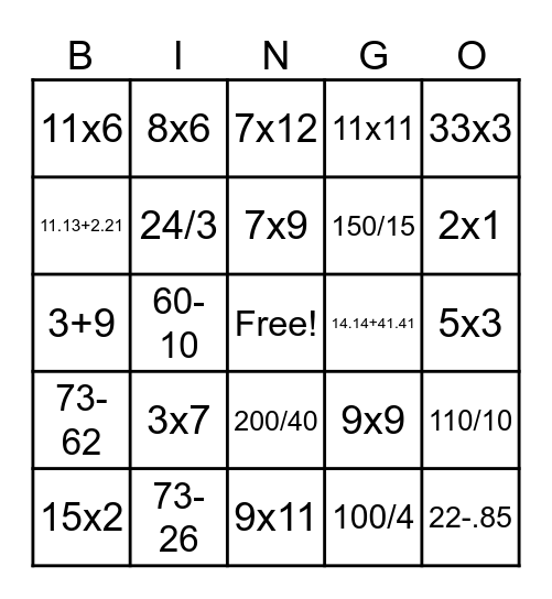 Math Facts Bingo Card