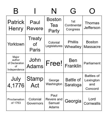 Revolutionary War Bingo Card