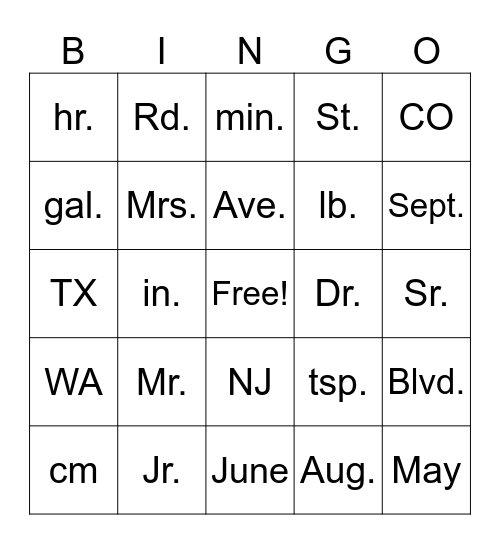 Abbreviation Bingo Card