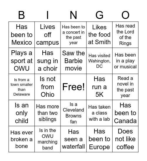 First Day Bingo Card