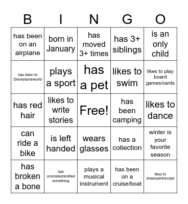 Get to know you Bingo Card