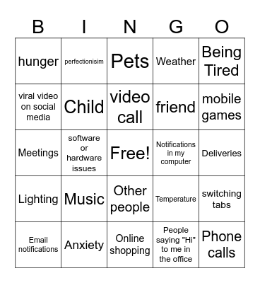DISTRACTION BINGO Card