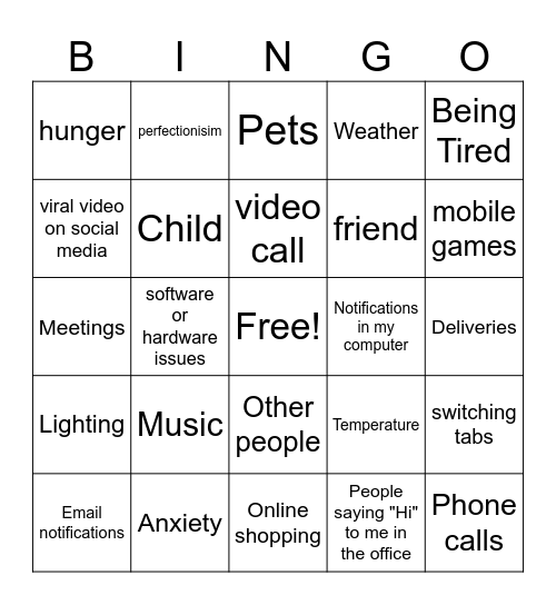 DISTRACTION BINGO Card