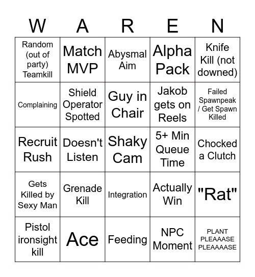 r6 pee Bingo Card