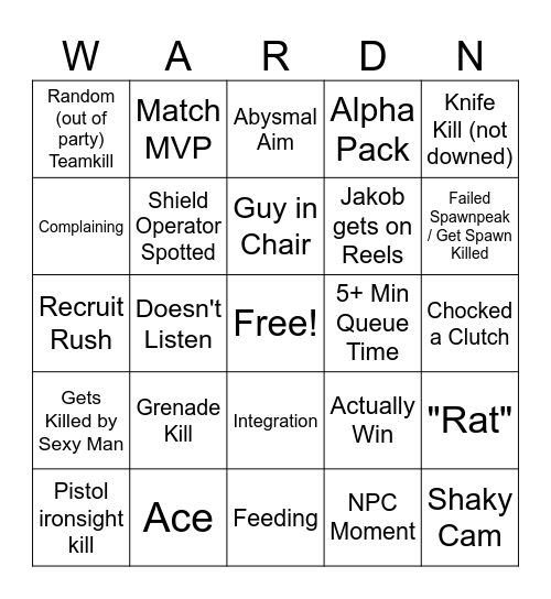 R6 PEE Bingo Card