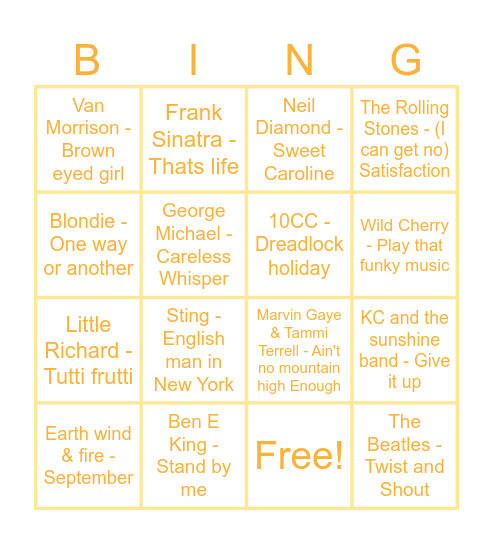 Oldies Goldies Bingo Card