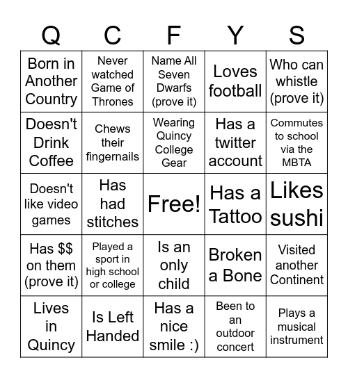 First Year Seminar Bingo! Bingo Card