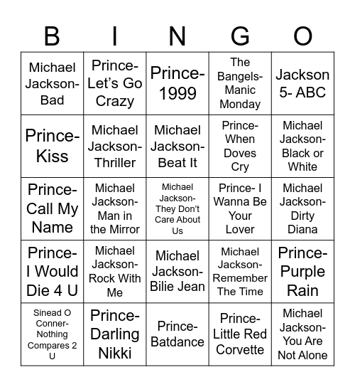 Radio Bingo MJ vs. Prince Bingo Card