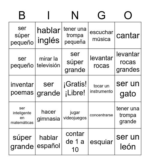 Edi el elefante: Capítulo 3:  Los Verbos/Las Actividades Bingo Card