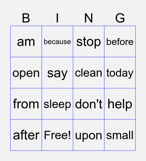 Sight Word Bingo Card