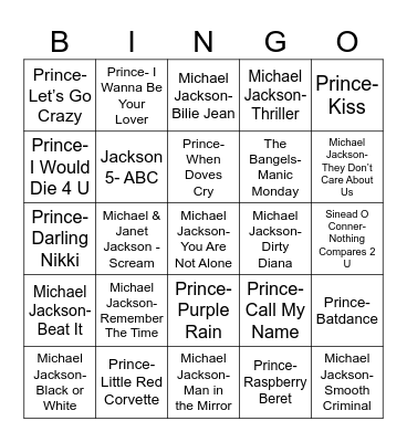 Radio Bingo MJ vs Prince Bingo Card