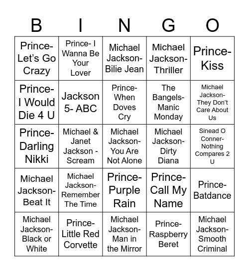 Radio Bingo MJ vs Prince Bingo Card