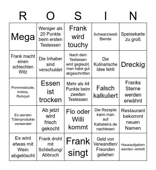 Rosins Restaurants Bingo Card