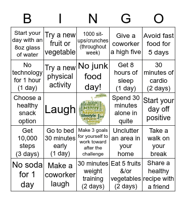 Wellness Bingo - Week 11&12 Whole Health Challenge Bingo Card