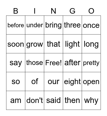 Sight Word Bingo Card