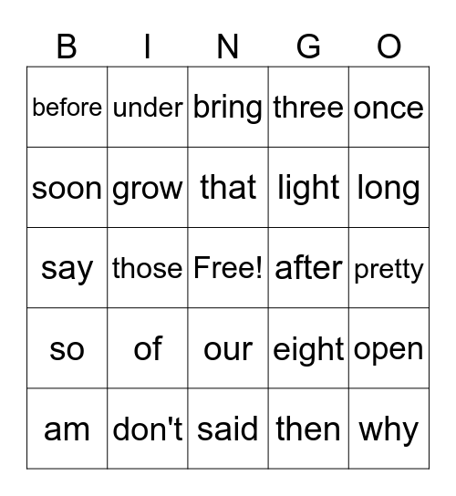 Sight Word Bingo Card