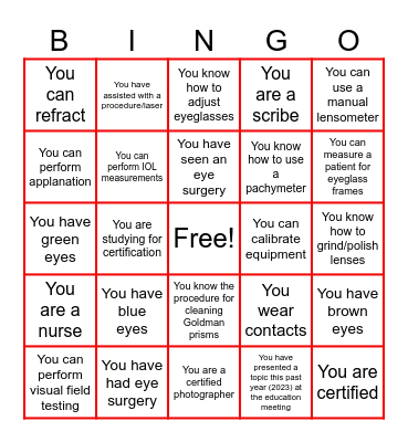 Ophthalmology BINGO Card