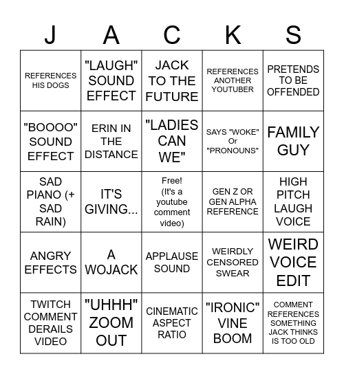 JACKSFILMS COMMENT VIDEOS Bingo Card