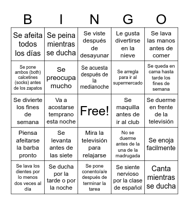 Buscamigos: La rutina y los verbos reflexivos Bingo Card