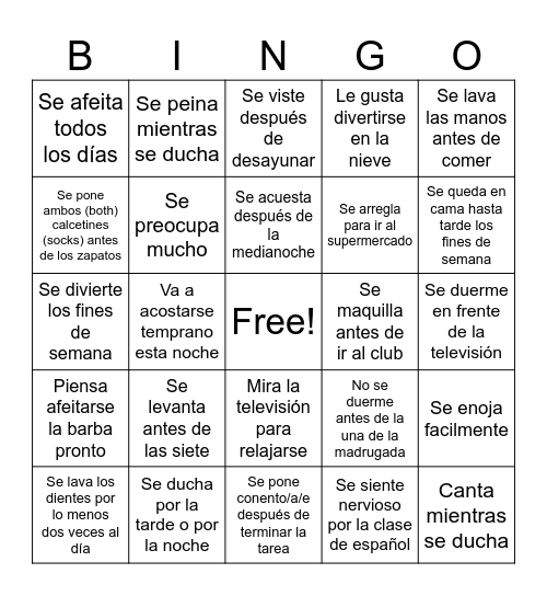 Buscamigos: La rutina y los verbos reflexivos Bingo Card