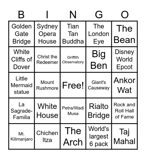 Travel Bingo F2F Bingo Card