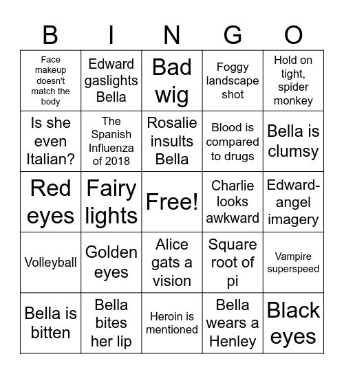 Twilight Movie Bingo Card