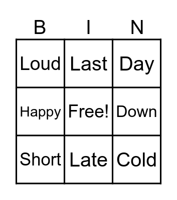 Antonyms Bingo Card