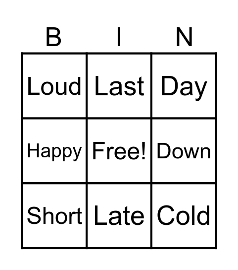 Antonyms Bingo Card