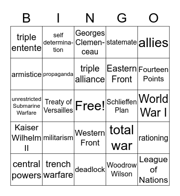 World War I Bingo Card