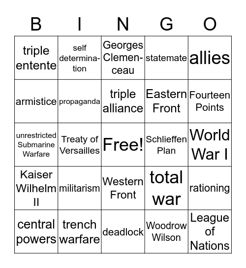 World War I Bingo Card