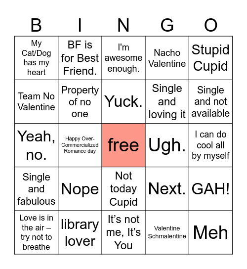 Anti-Valentines Day Bingo Card
